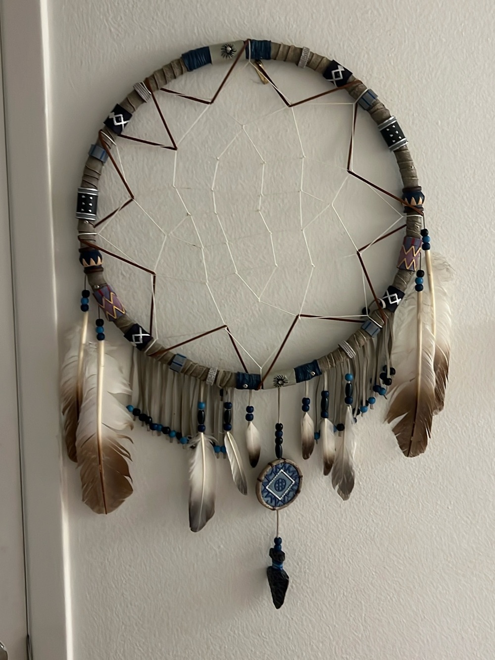 Boho Feather Dreamcatcher Wall Tapestry in Blue and Tan